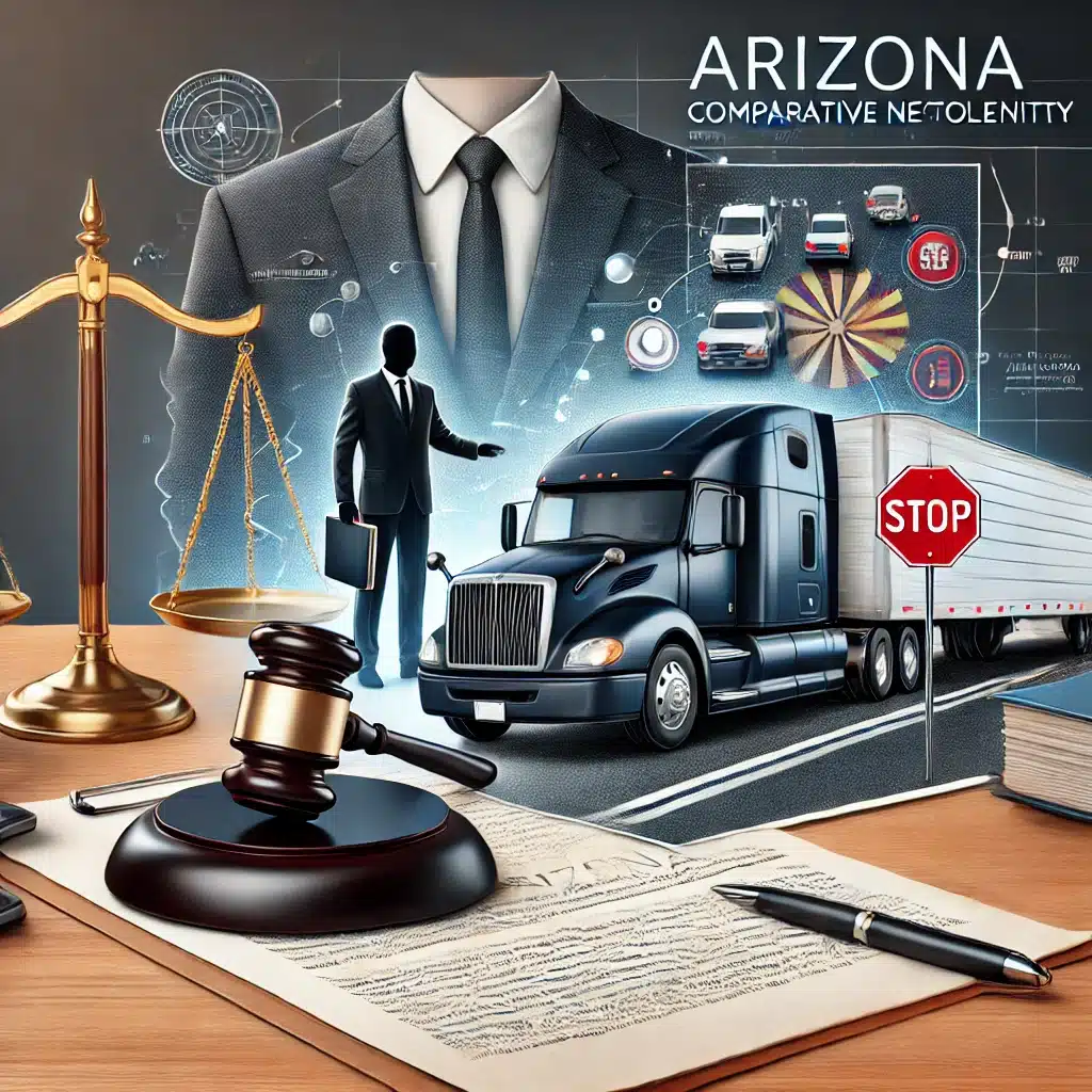 Illustration of a courtroom scene in Arizona showing a lawyer, judge, and truck accident, symbolizing comparative negligence in determining fault.