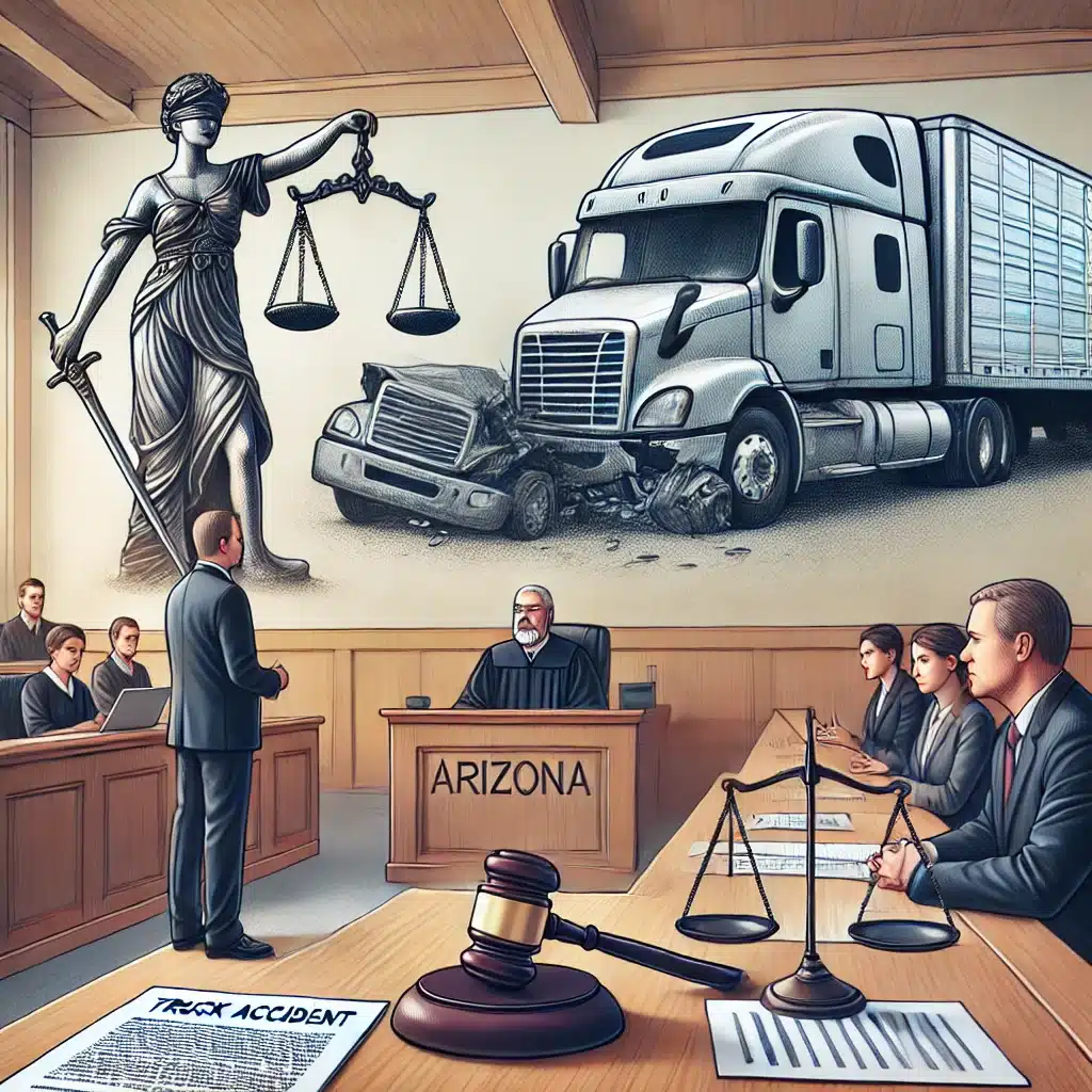 Illustration of a courtroom scene in Arizona with a lawyer presenting evidence in a truck accident case, showcasing comparative negligence law.